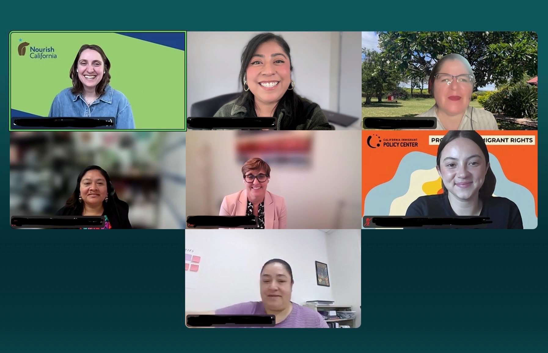 7 Zoom boxes of advocates smiling after our meeting with the governor's office